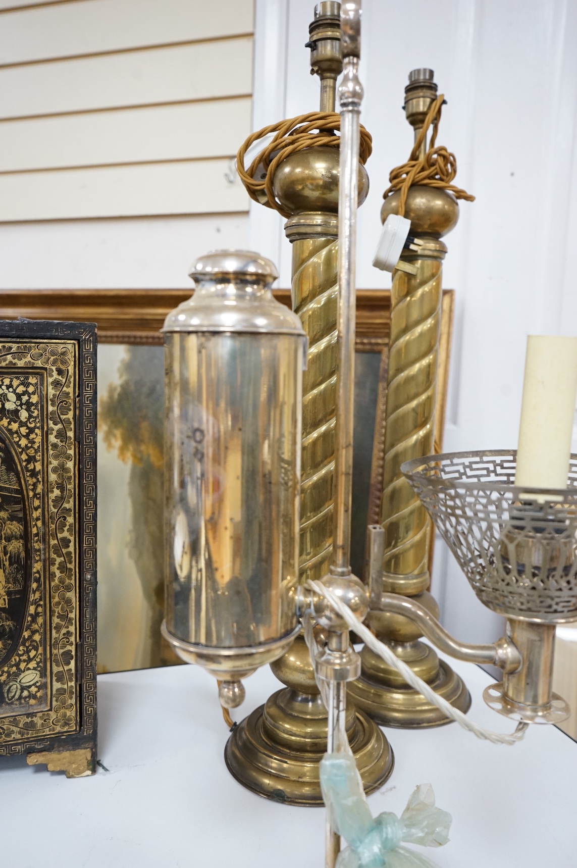 A pair of tall brass fluted column table lamps and arise and fall desk lamp, largest each overall 64cm high